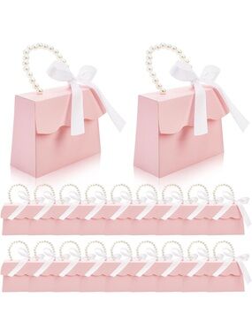 20 Pack Pink Treat Boxes Pearl Handle Ribbon Baby Shower Party Favor Boxes NEW
